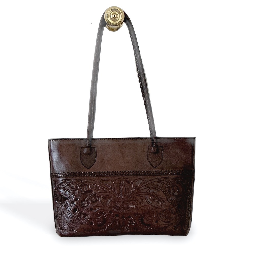 Alexis David Hand Tooled Brown Leather Tote Bag Floral Embossed Mexican Artisan